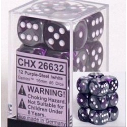 Chessex Set de 12 dés 6 Gemini (16mm) Violet-Acier /Blanc