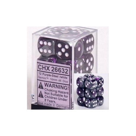 Chessex Set de 12 dés 6 Gemini (16mm) Violet-Acier /Blanc