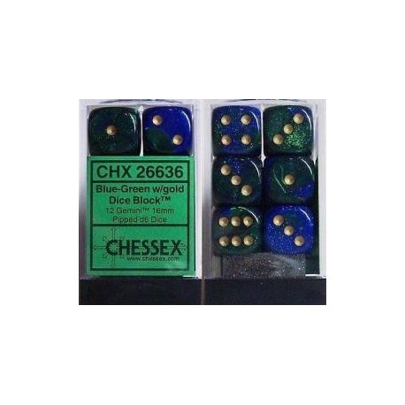 Chessex Set de 12 dés 6 Gemini (16mm) Bleu-Vert /Or