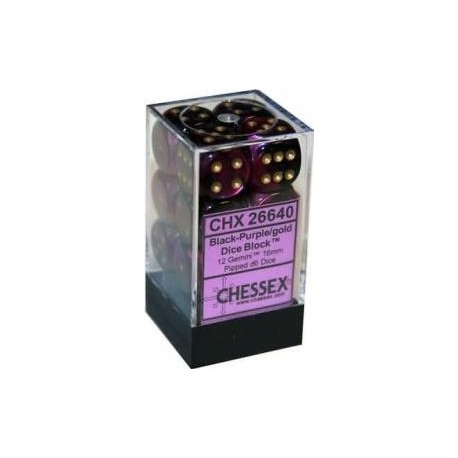 Chessex Set de 12 dés 6 Gemini (16mm) Noir-Violet /Or