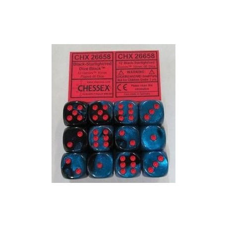 Chessex Set de 12 dés 6 Gemini (16mm) Noir-Starlight /Rouge