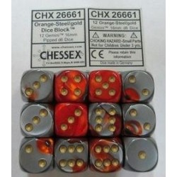 Chessex Set de 12 dés 6 Gemini (16mm) Orange-Acier /Or