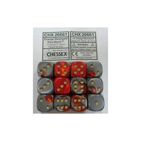 Chessex Set de 12 dés 6 Gemini (16mm) Orange-Acier /Or