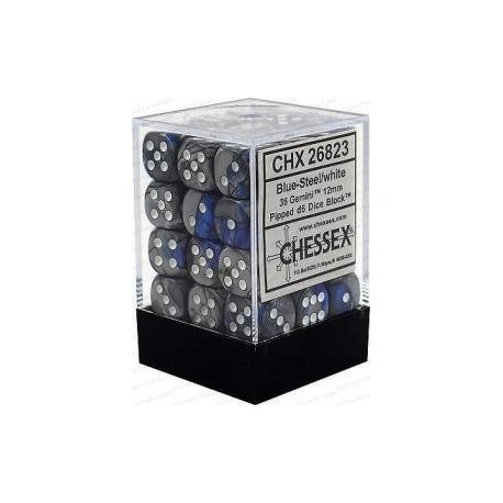 Chessex Set de 36 dés 6 Gemini (12mm) Bleu-Acier /Blanc