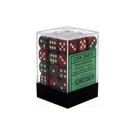 Chessex Set de 36 dés 6 Gemini (12mm) Vert-Rouge /Blanc
