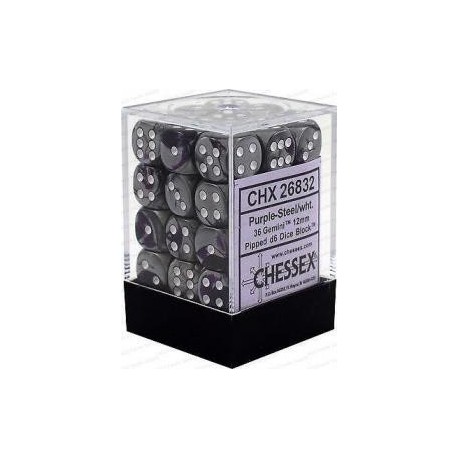 Chessex Set de 36 dés 6 Gemini (12mm) Violet-Acier /Blanc