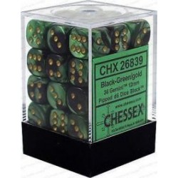 Chessex Set de 36 dés 6 Gemini (12mm) Noir-Vert /Or