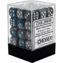 Chessex Set de 36 dés 6 Gemini (12mm) Acier-Sarcelle /Blanc