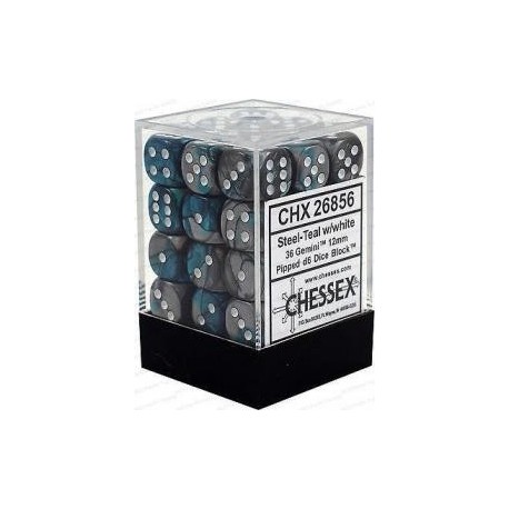 Chessex Set de 36 dés 6 Gemini (12mm) Acier-Sarcelle /Blanc