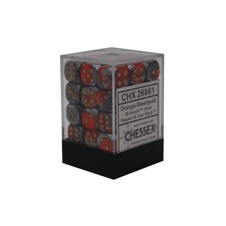 Chessex Set de 36 dés 6 Gemini (12mm) Orange-Acier /Or