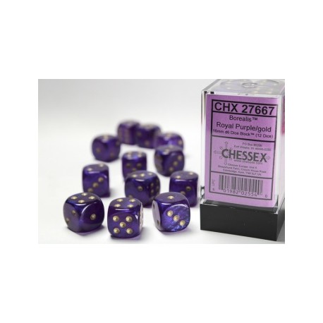 Chessex Set de 12 dés 6 Borealis (16mm) - Violet Royal/Or