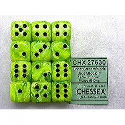 Chessex Set de 12 dés 6 Vortex (16mm) - Vert Brillant/Noir