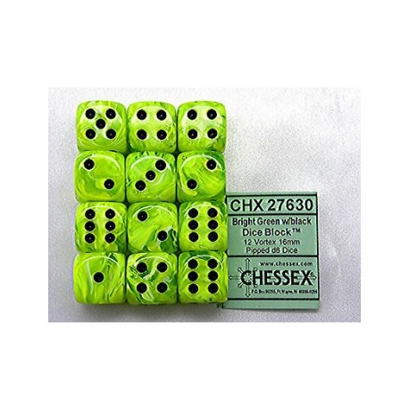 Chessex Set de 12 dés 6 Vortex (16mm) - Vert Brillant/Noir