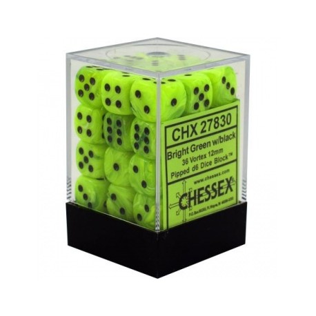 Chessex Set de 36 dés 6 Vortex (12mm) Vert Brillant/Noir