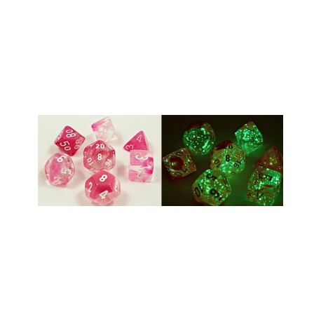 Chessex Lab Dice - Set de 7 dés Fluorescents Gemini Rose Transparent/Blanc