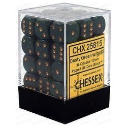 Chessex Set de 36 dés 6 Opaque (12mm) Vert Poussiéreux /Cuivre